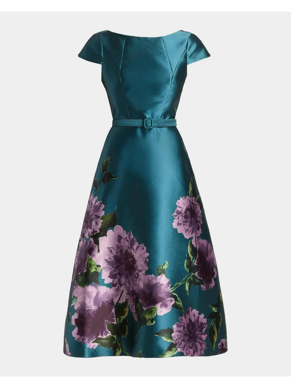 NEW Kay Unger Ina Floral-Print Mikado Midi Dress in Teal Blue Sz 4 #MD2542